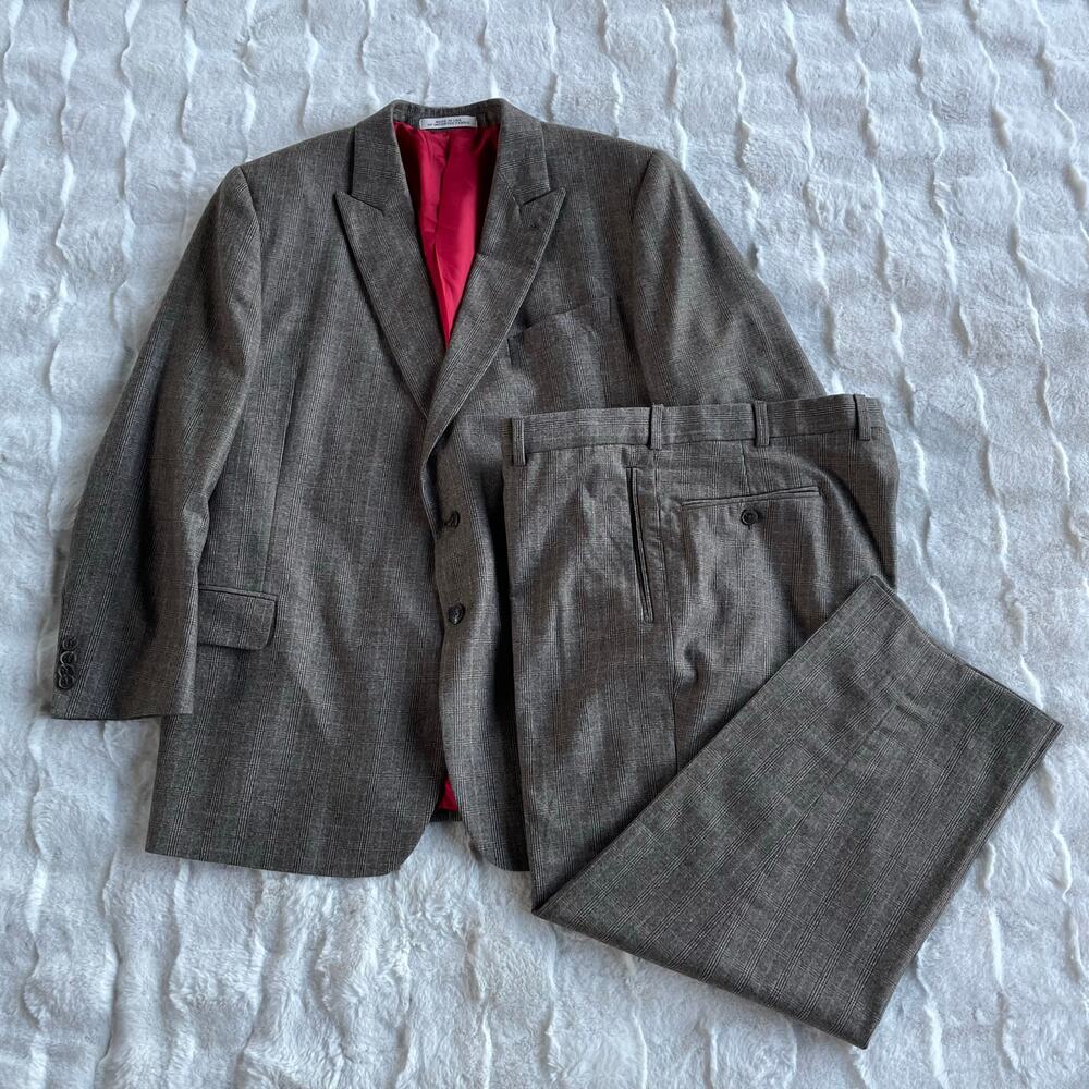 🔥Vintage Y2K Union Made USA 100% Wool Glen Plaid Suit Blazer 46S Pants 37 Preppy